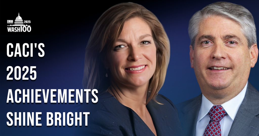 Graphic of CACI's DeEtte Gray and John Mengucci with text CACI's 2025 Achievements Shine Bright